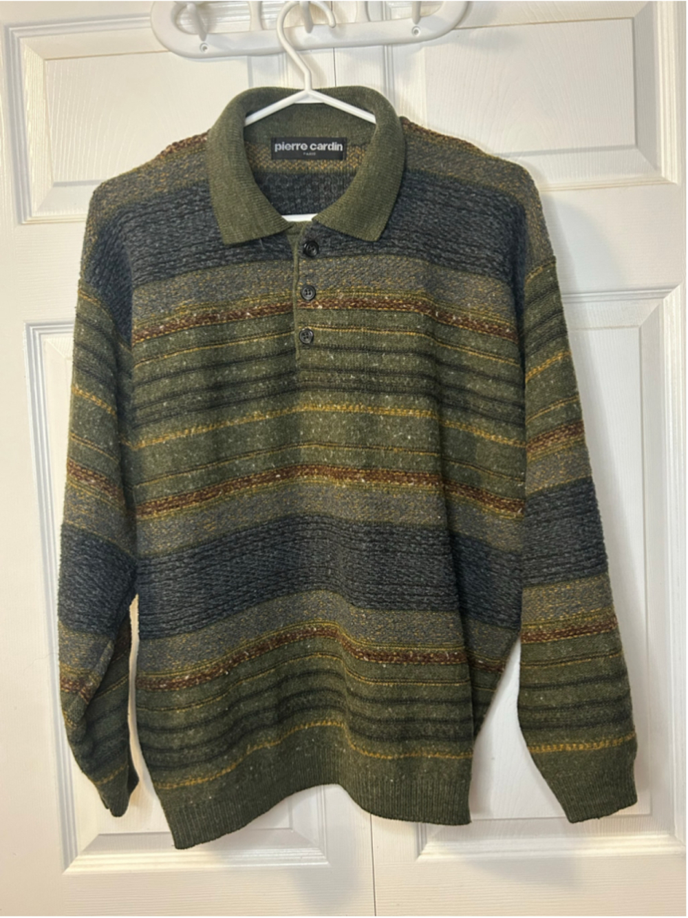 Pierre Cardin Paris Vintage Wool Blend Striped Knit Polo Sweater Green L